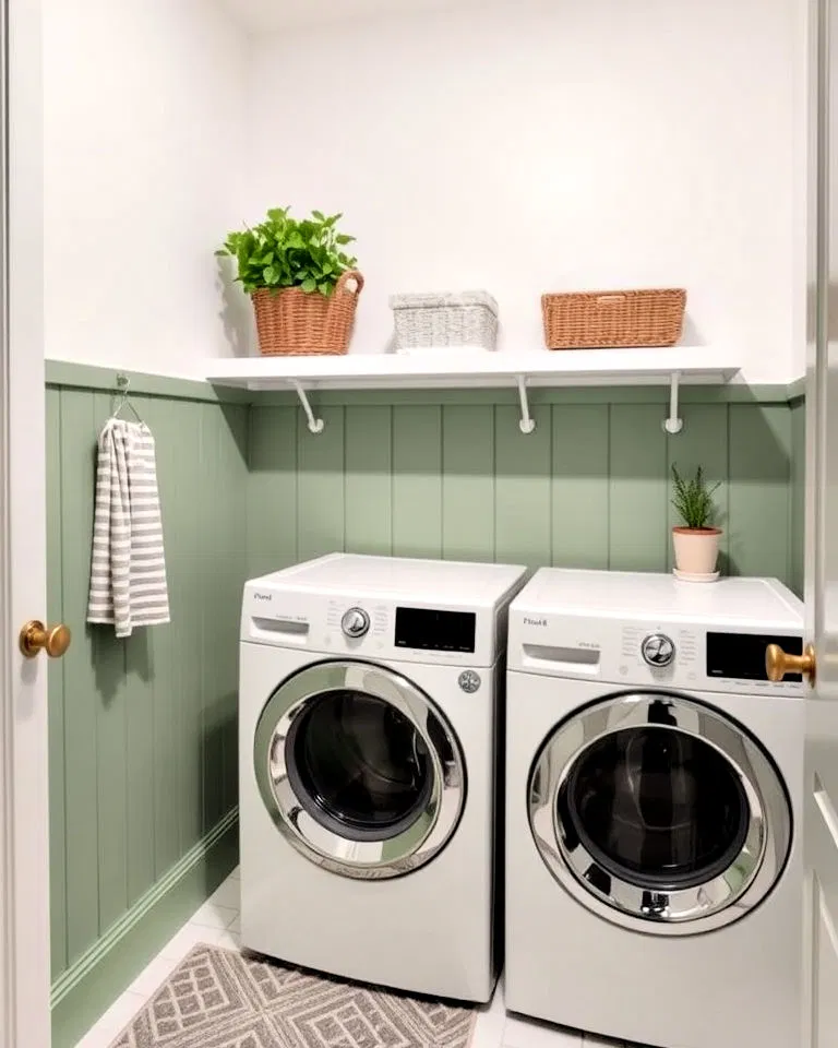 two toned sage green and white laundry room walls