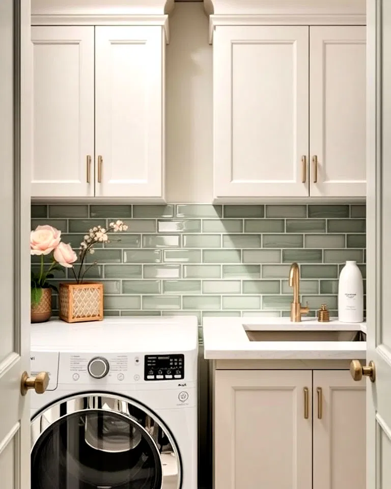 elegant sage green laundry room backsplash