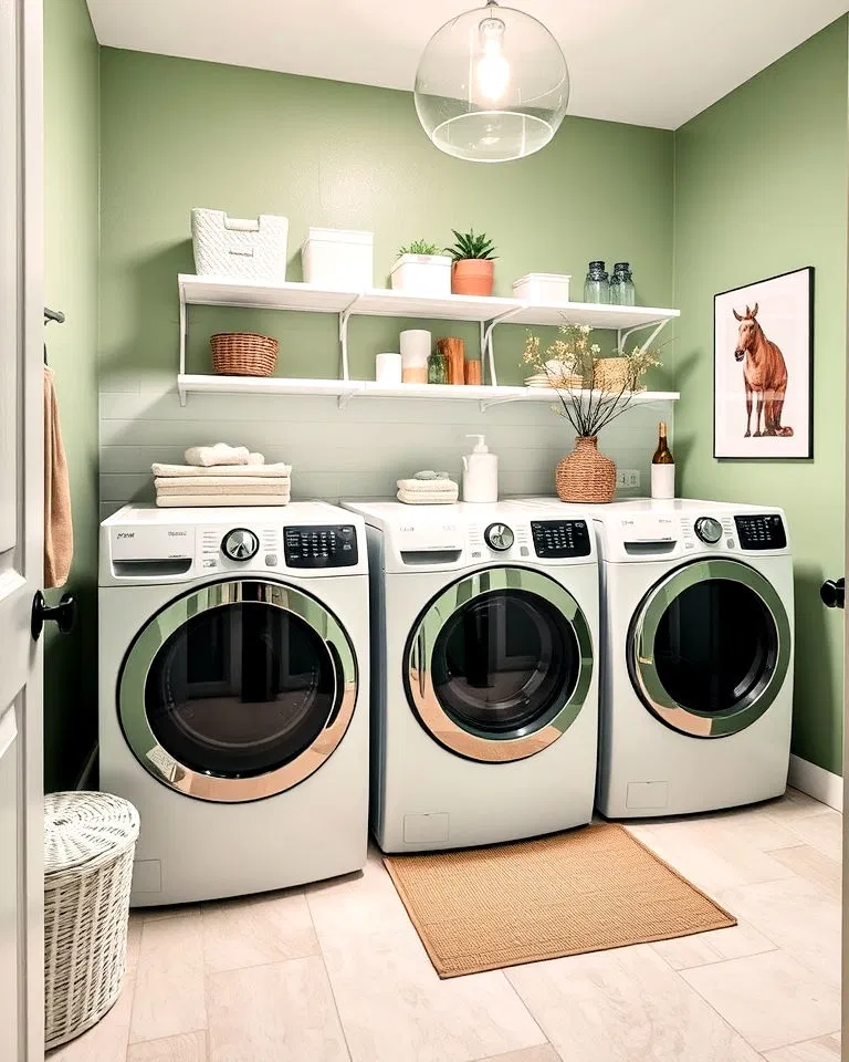 sage green laundry room accent wall