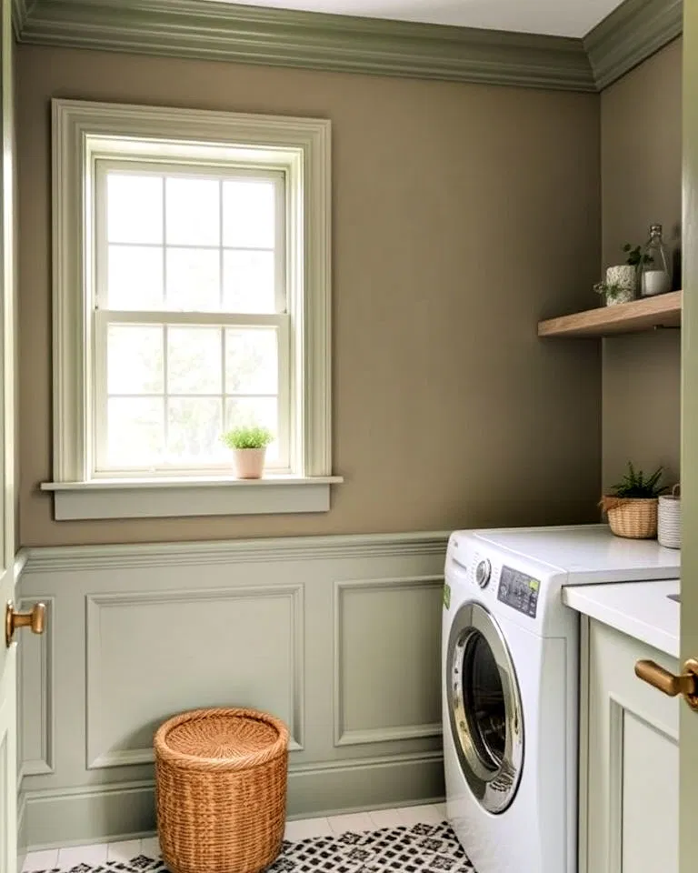 laundry room with sage green trim and molding