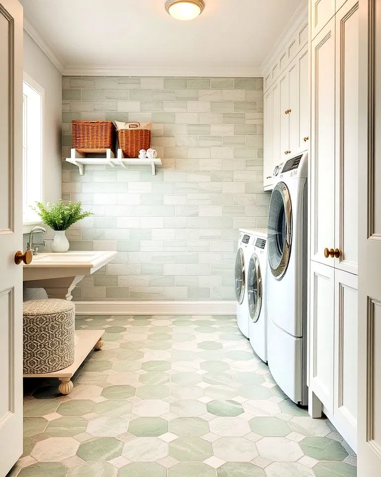 sage green tile flooring to ground your laundry room