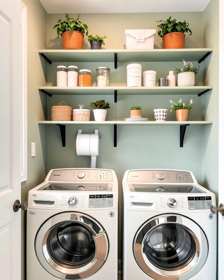 sage green open shelving for your laundry room
