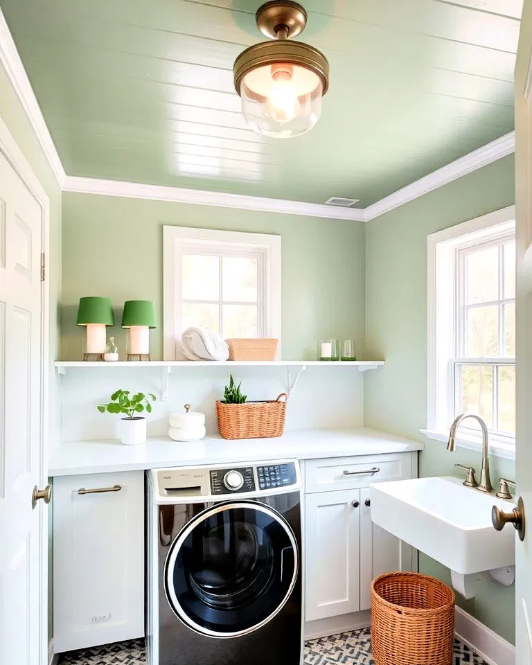 unique sage green laundry room ceiling
