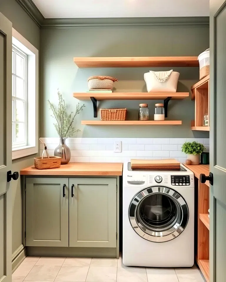 sage green laundry room with mix wood tones