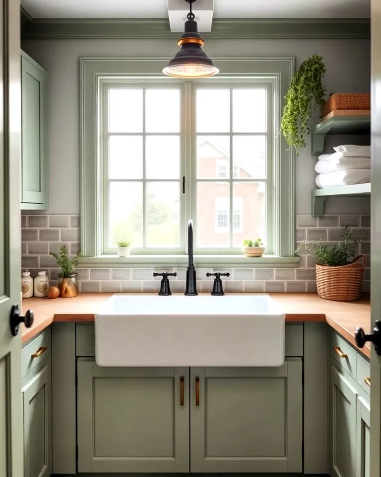 farmhouse laundry sink with sage accents
