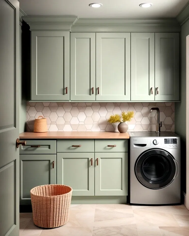 sage green laundry room cabinetry with matte finish