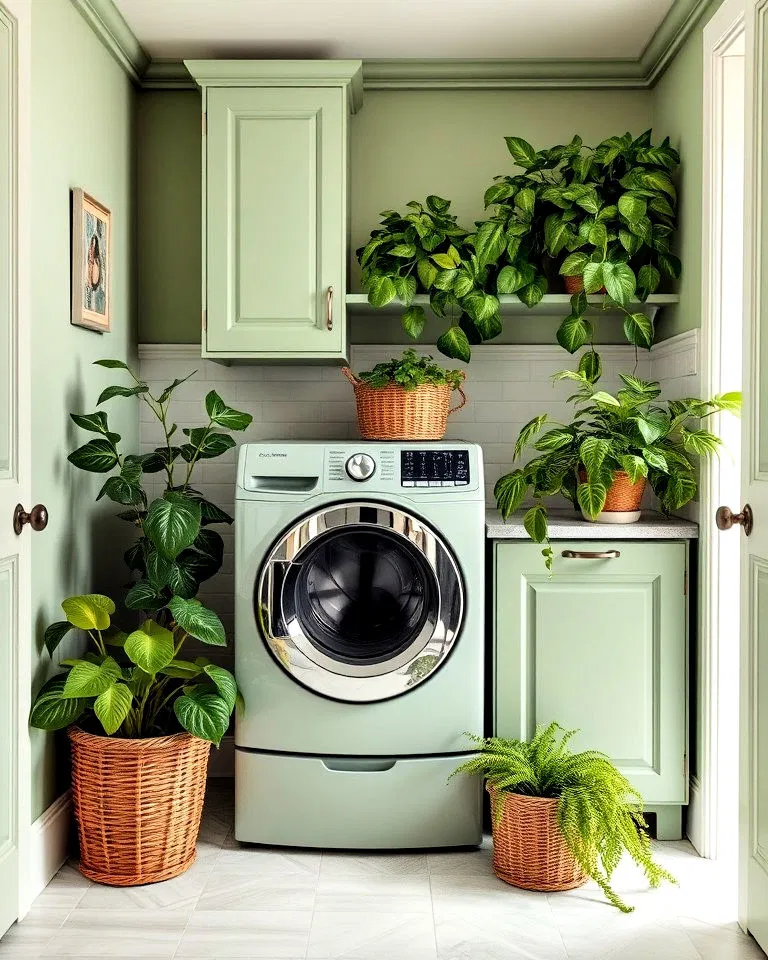 sage green laundry room with lush planters