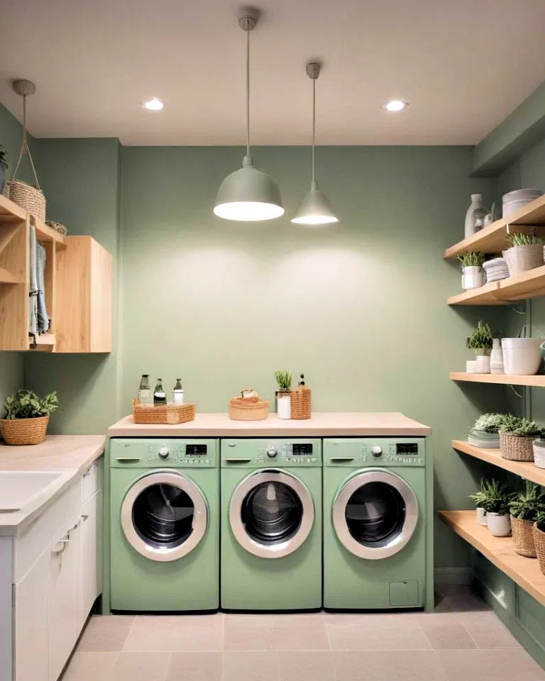 sage green pendant lighting in the laundry room