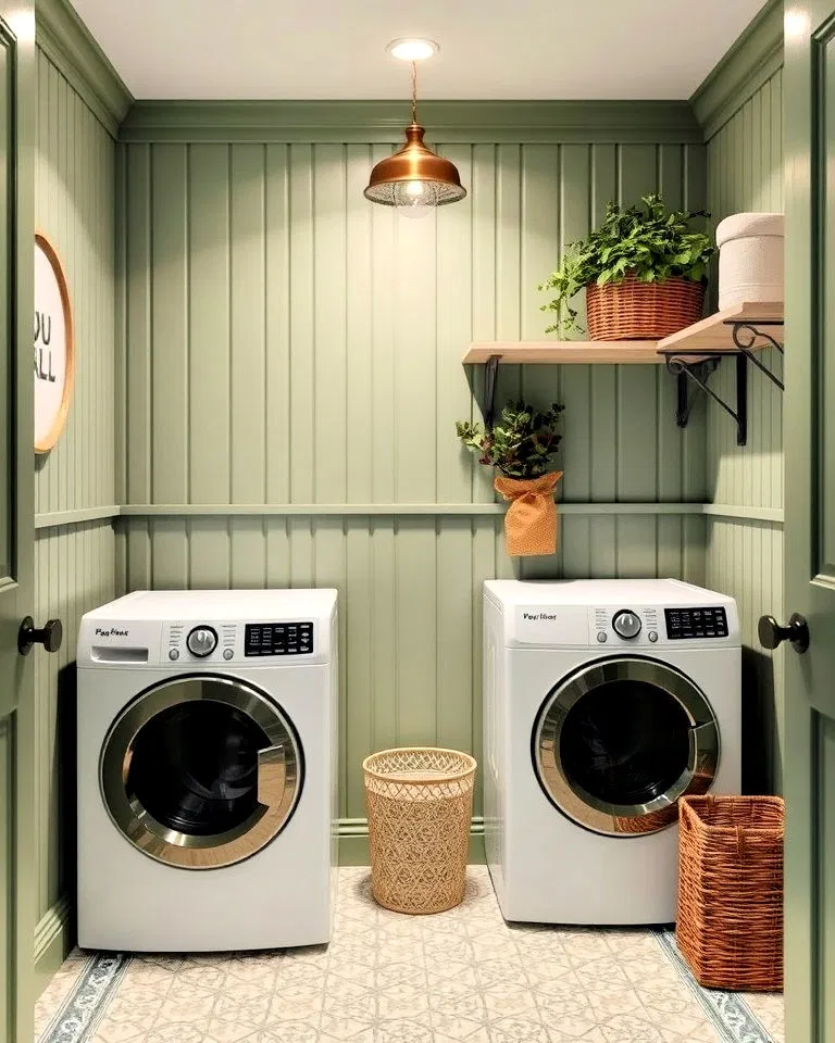 sage green beadboard paneling for the laundry room
