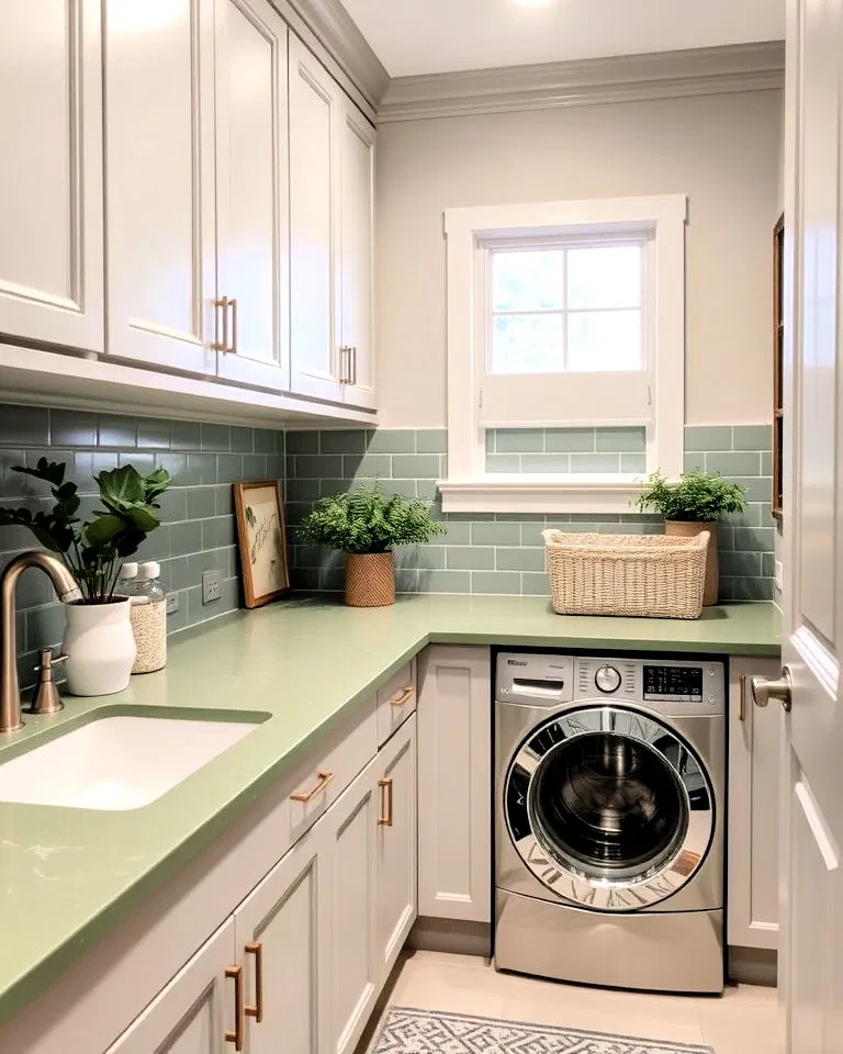 elegant sage green laundry room countertops