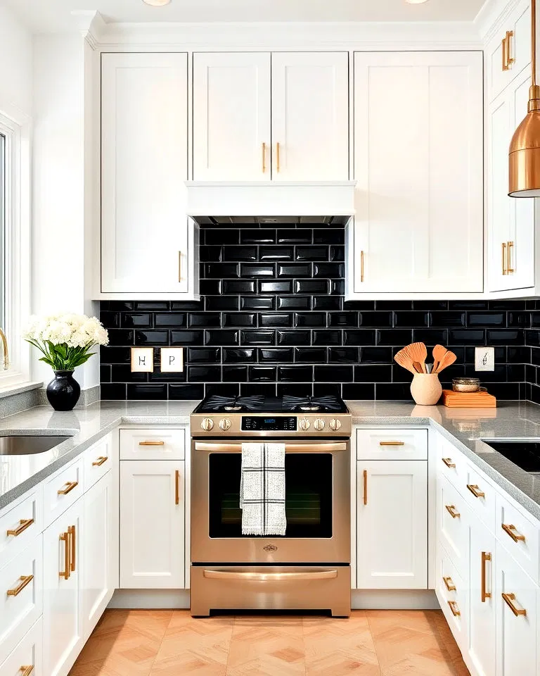 Black subway tile backsplash in white kitchen