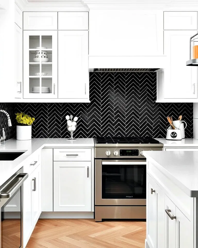 Black herringbone tile backsplash in white kitchen