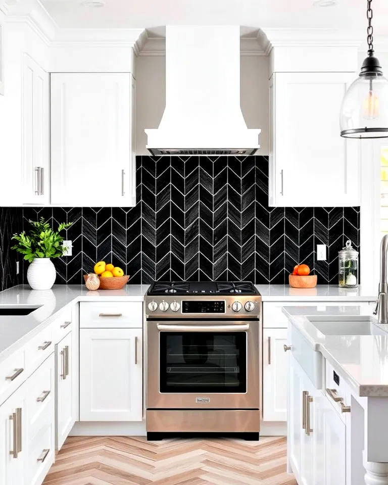 Black chevron tile backsplash in white kitchen