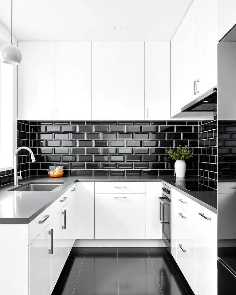 Large black tile backsplash in white kitchen