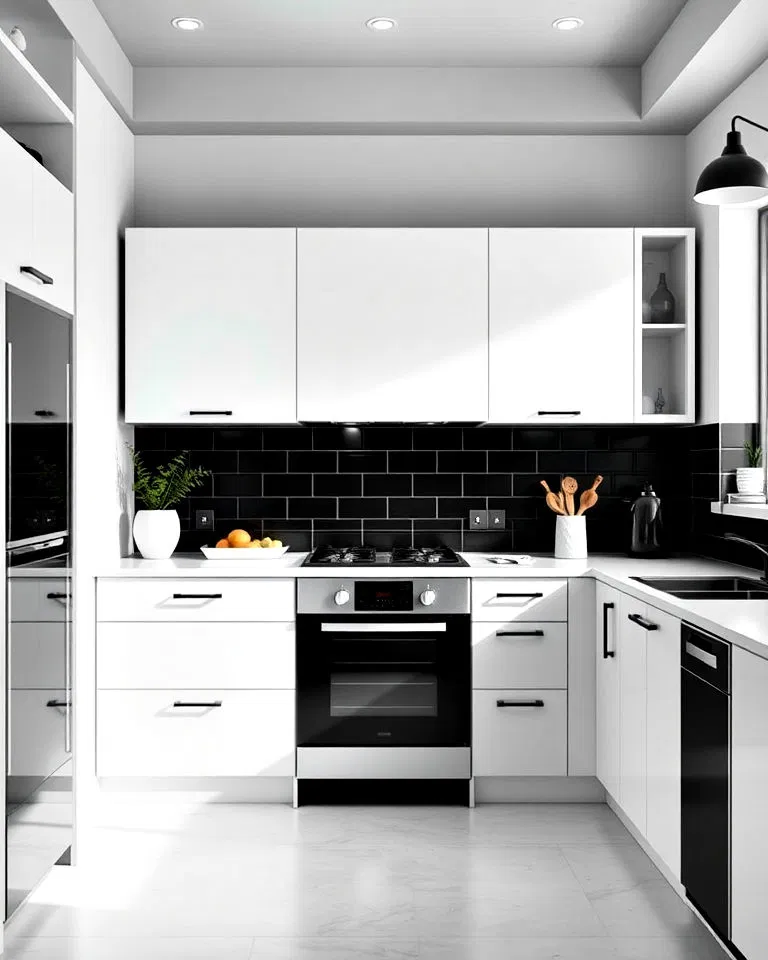 Matte black porcelain tile backsplash in white kitchen
