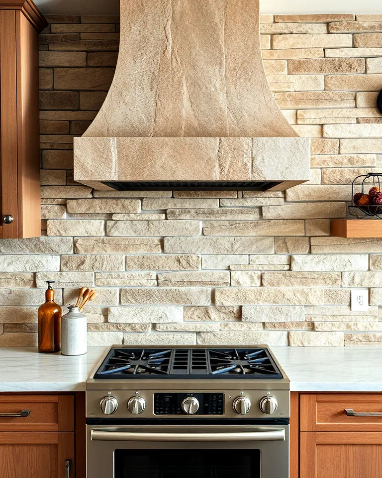 Stacked stone panels backsplash