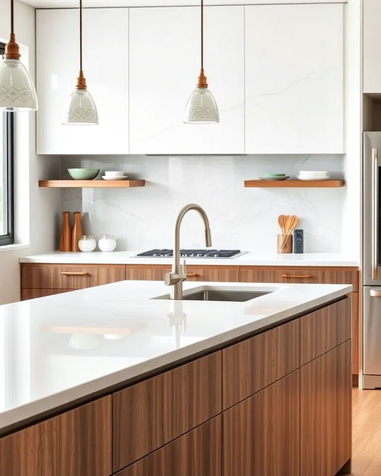 White quartz stone slab backsplash