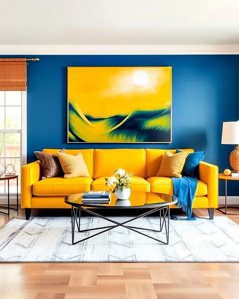 Yellow sofa positioned before a blue accent wall
