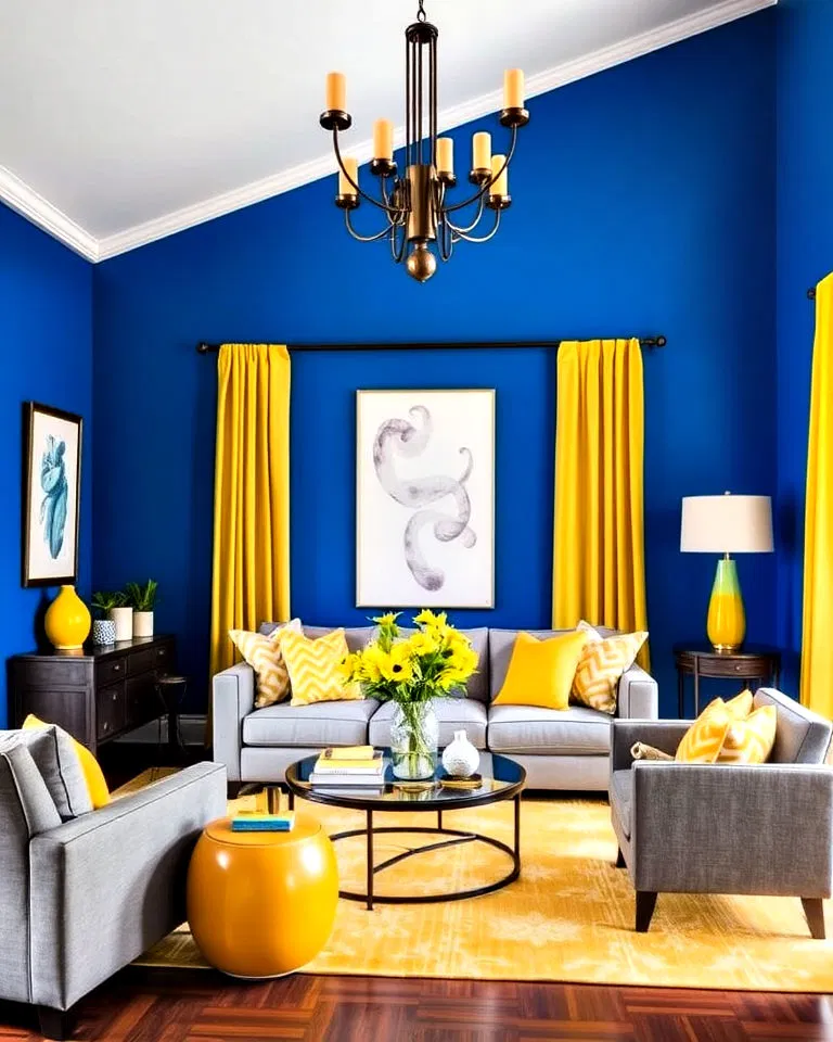 Living room with vivid blue walls and yellow decorative accents