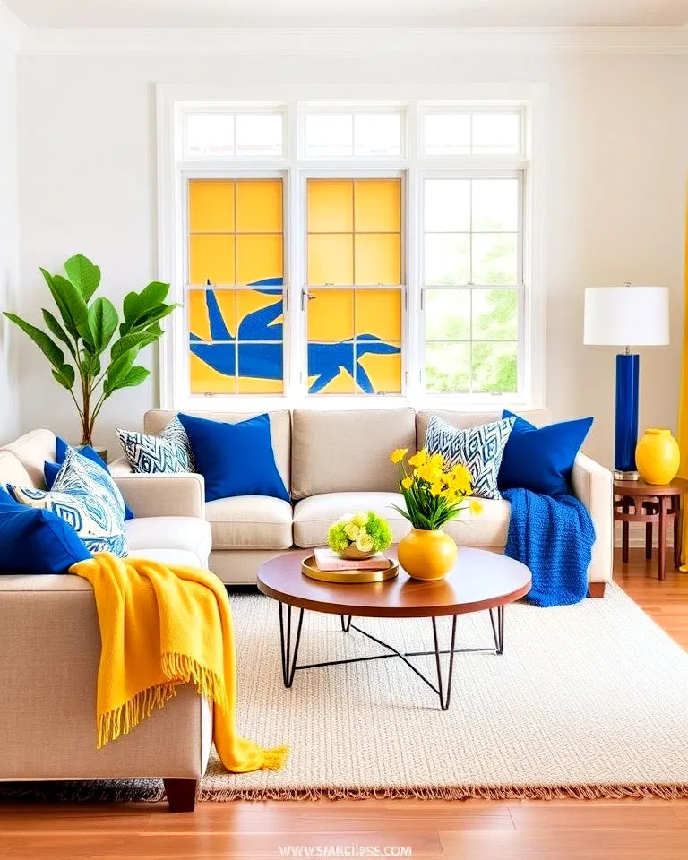 Living room featuring yellow and blue decorative accessories