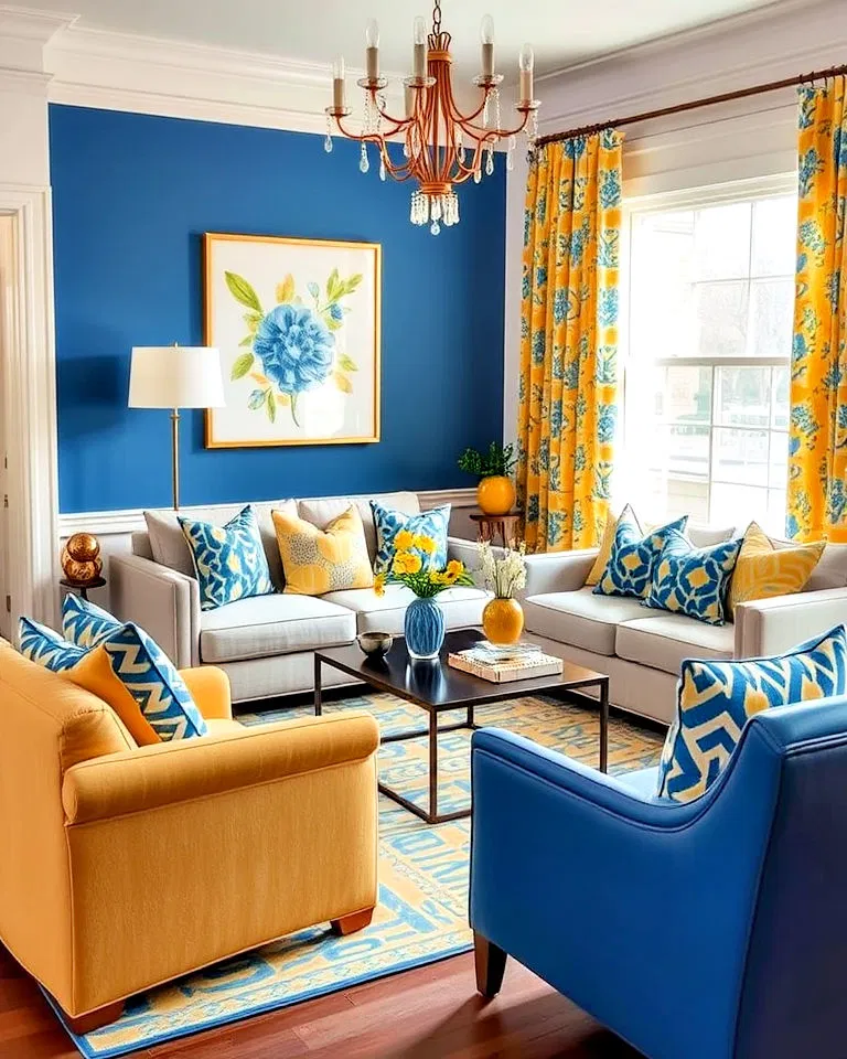 Living room showcasing blue and yellow patterned textiles