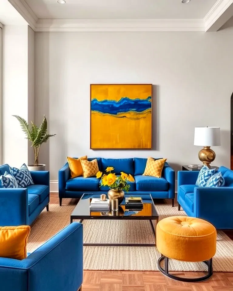 Blue upholstered furniture with yellow artwork in living room