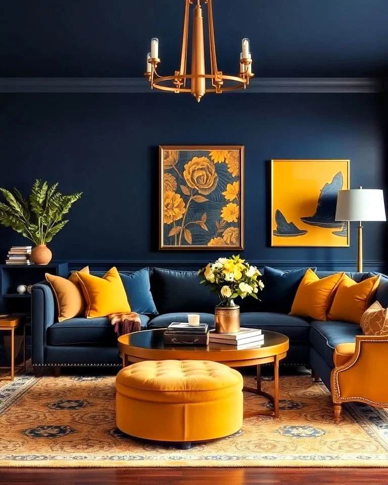 Cozy living room with mustard yellow and navy blue accents