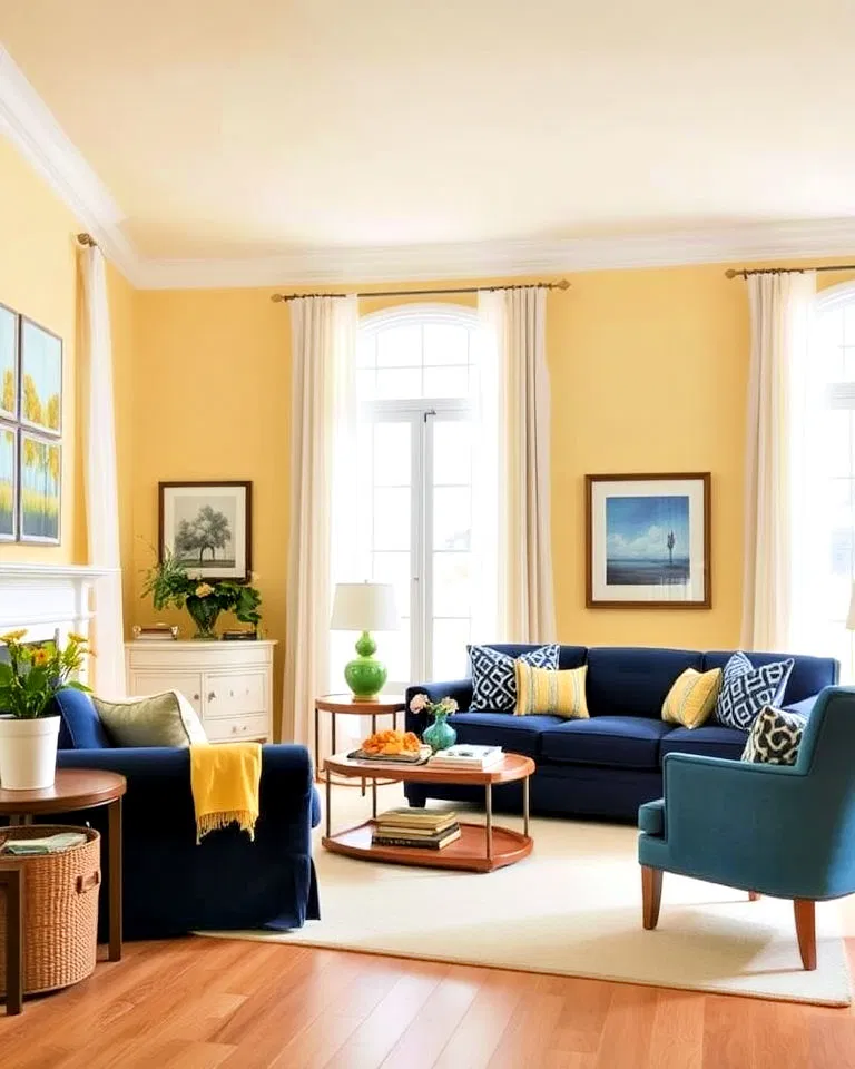 Living room with pale yellow walls and deep blue furniture