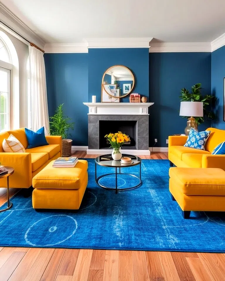 Blue area rug paired with yellow furniture