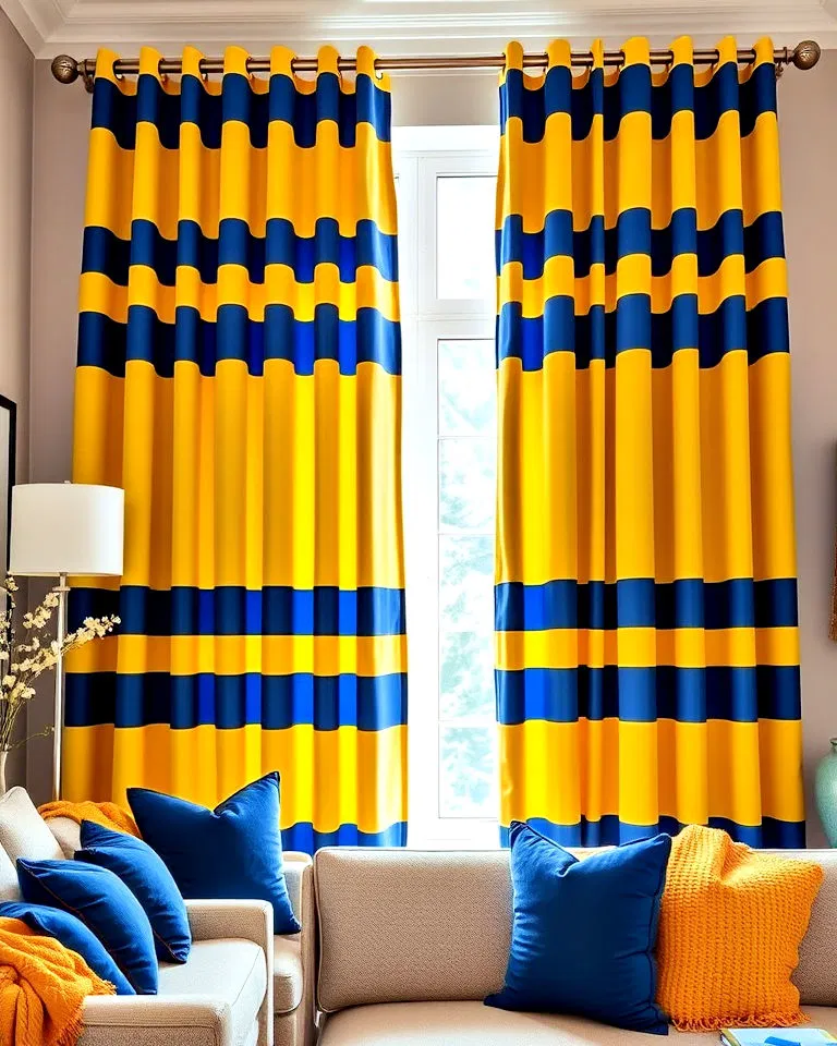 Yellow and blue striped curtains in living room