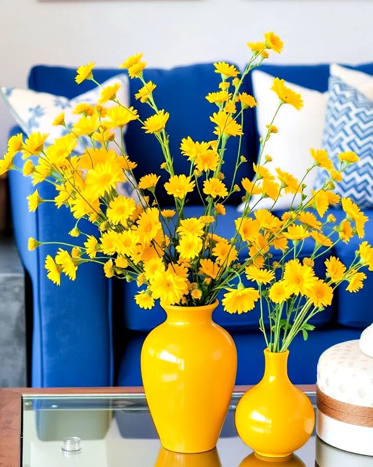 Blue furniture accented with yellow flowers