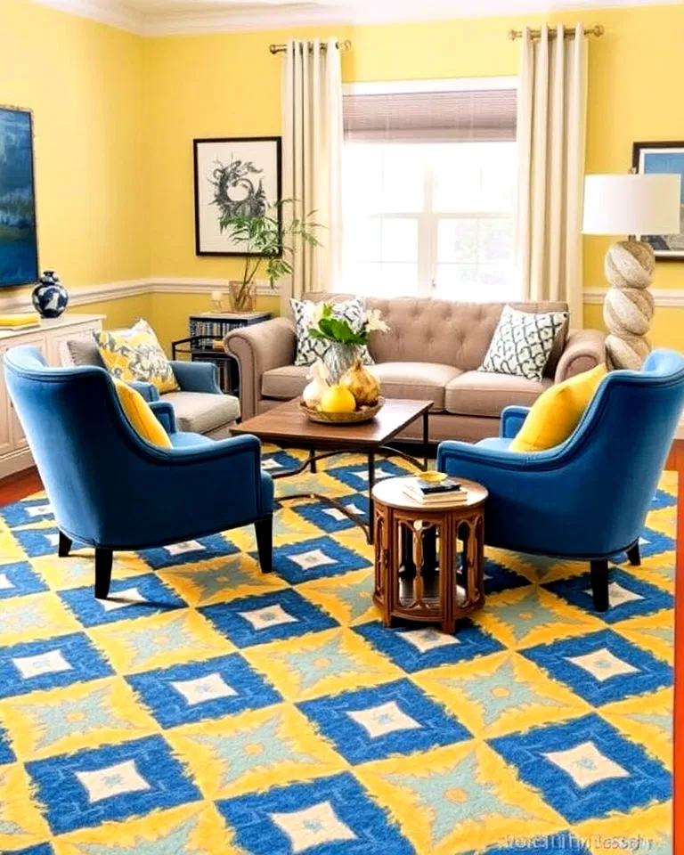 Patterned blue and yellow area rug in living room
