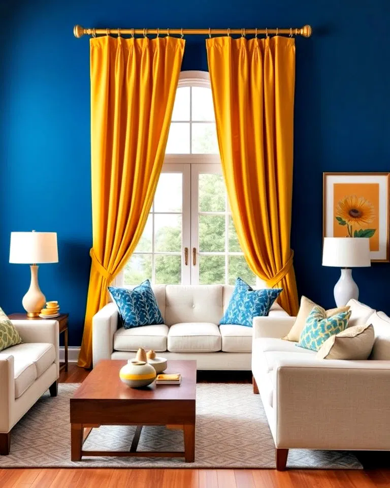 Yellow curtains contrasting with blue walls