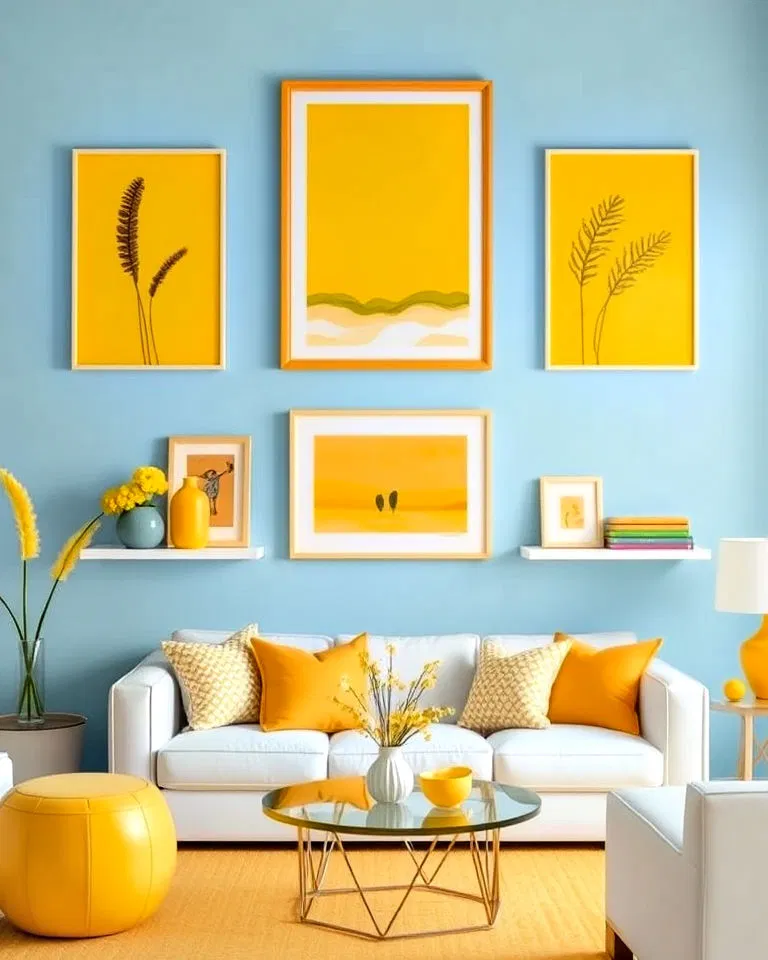 Light blue walls with yellow decorative accents