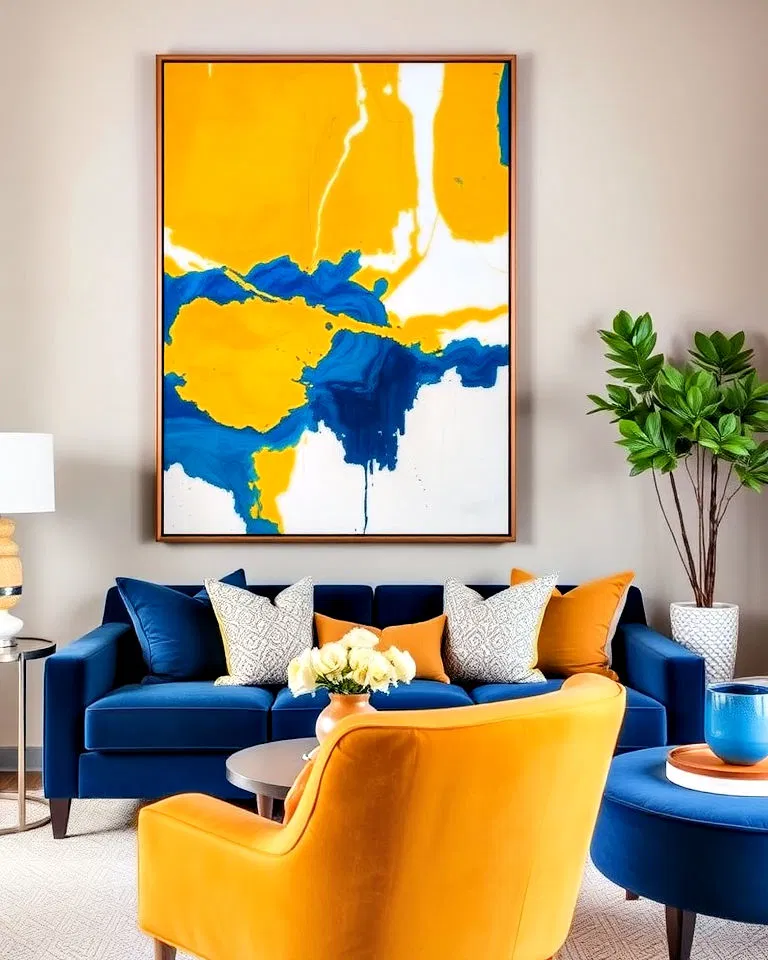 Yellow and blue artwork serving as focal point in living room