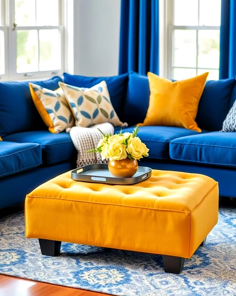 Yellow ottoman paired with blue living room furniture