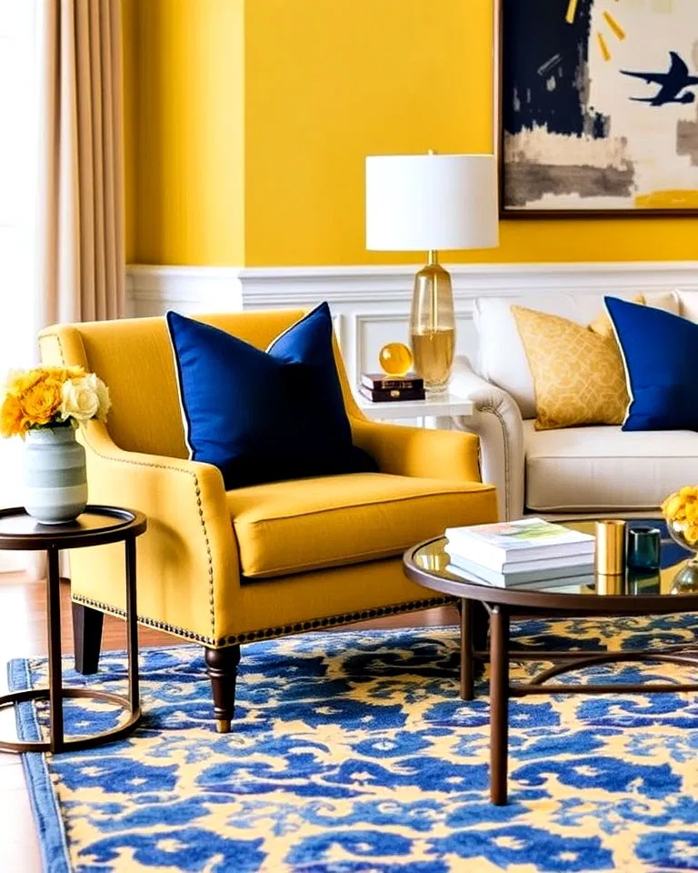 Yellow accent chair complemented by blue pillows