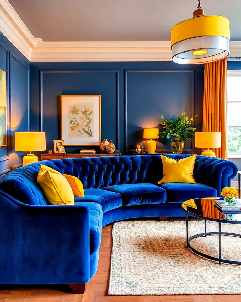 Blue velvet sofa illuminated by yellow lighting