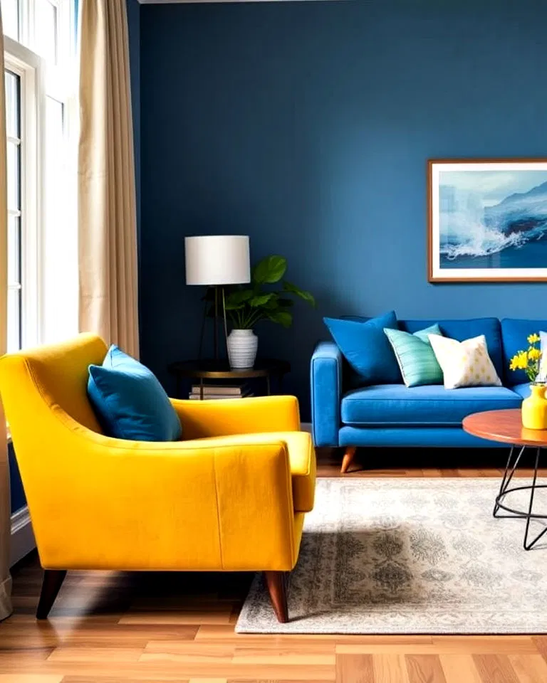 Living room with vibrant yellow and blue furniture