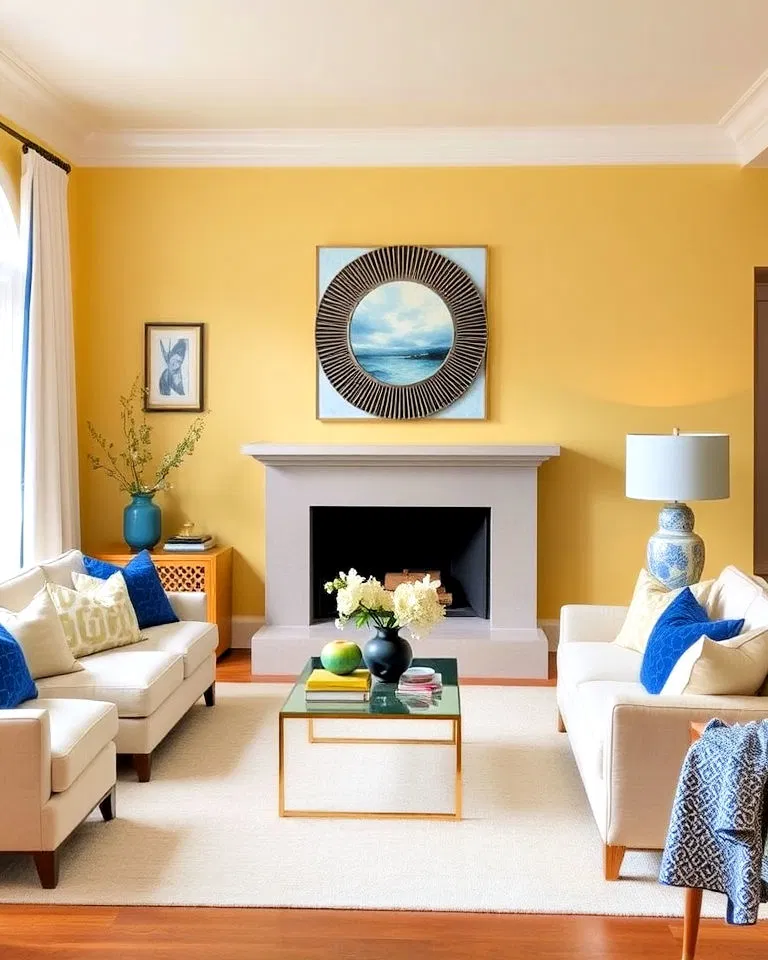 Living room with soft yellow walls and blue decor accents
