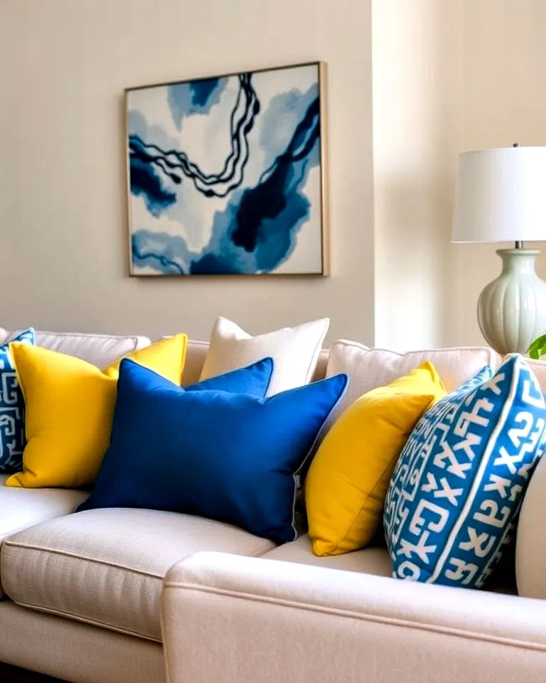 Neutral sofa adorned with blue and yellow pillows