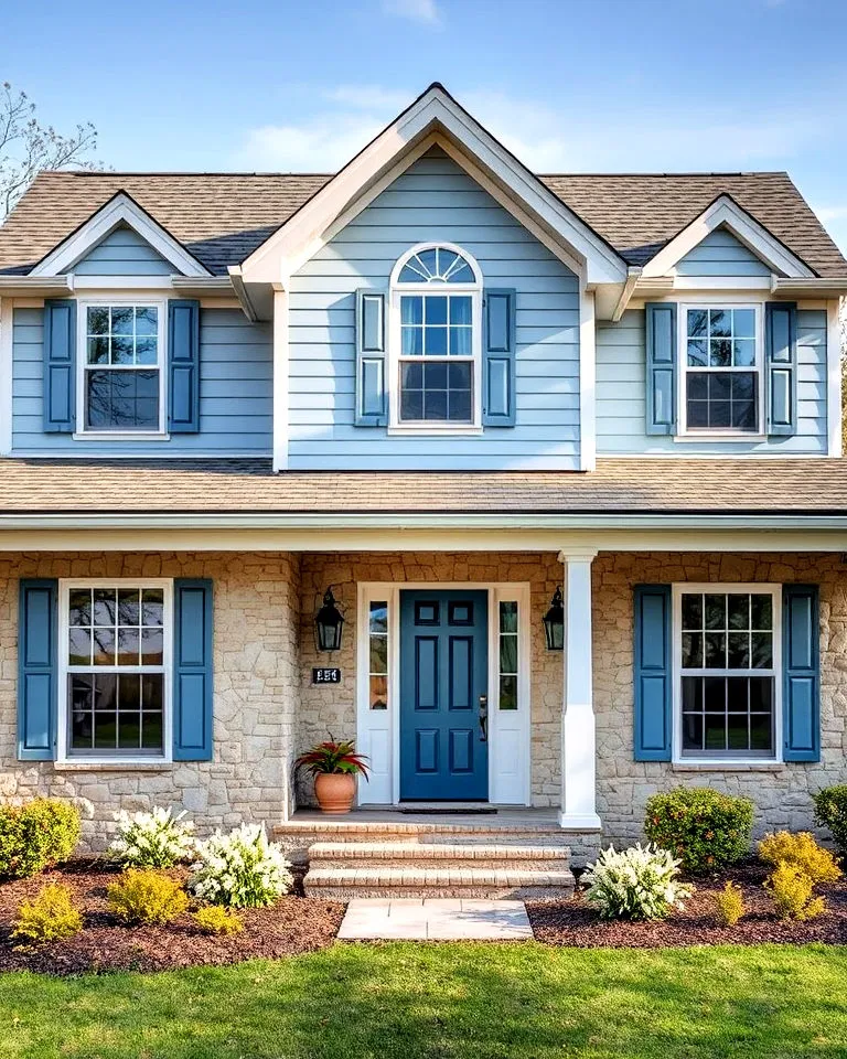pastel blue with stone accents