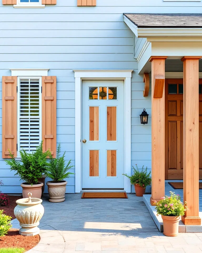 blue exteriors with warm wood elements