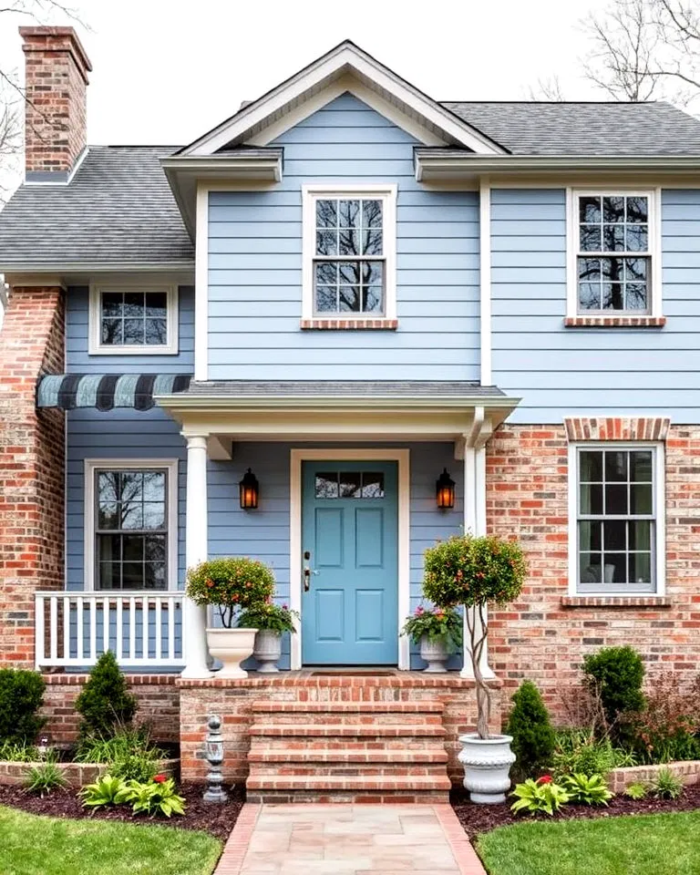 blue siding with brick accents