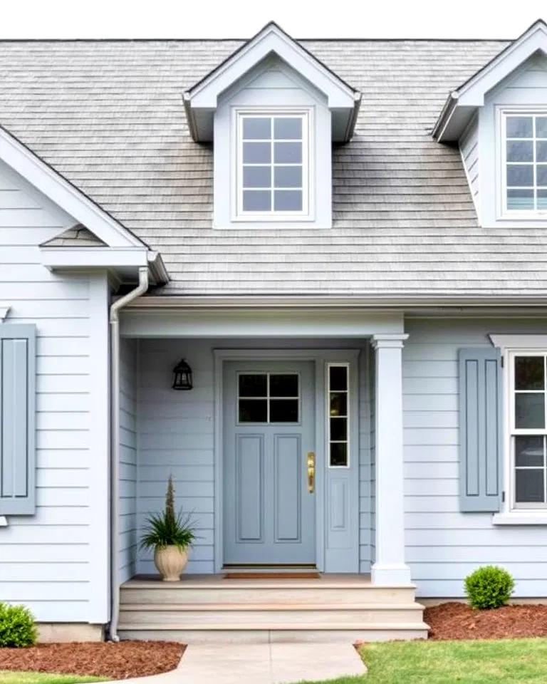 pale blue with gray shingled roof