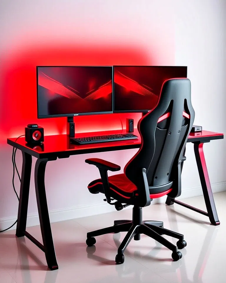 immersive dual monitor red and black gaming desk