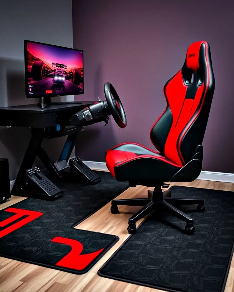 red and black racing simulator setup