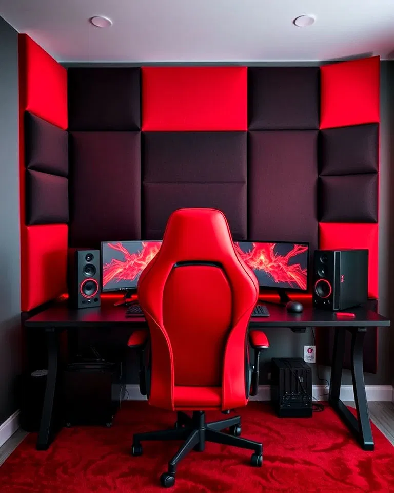 red and black acoustic wall panel gaming setup