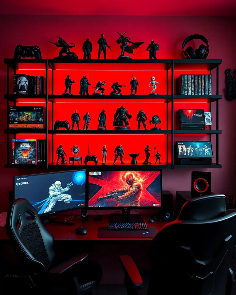 red and black themed display shelves