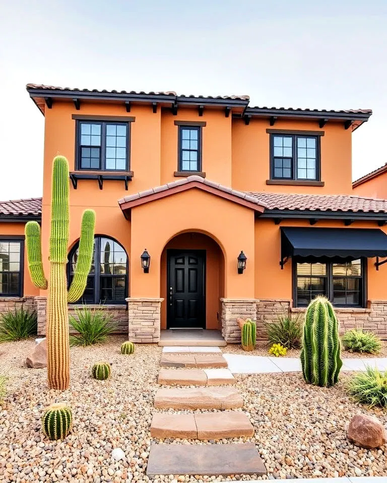 desert style tan stucco house with black trim